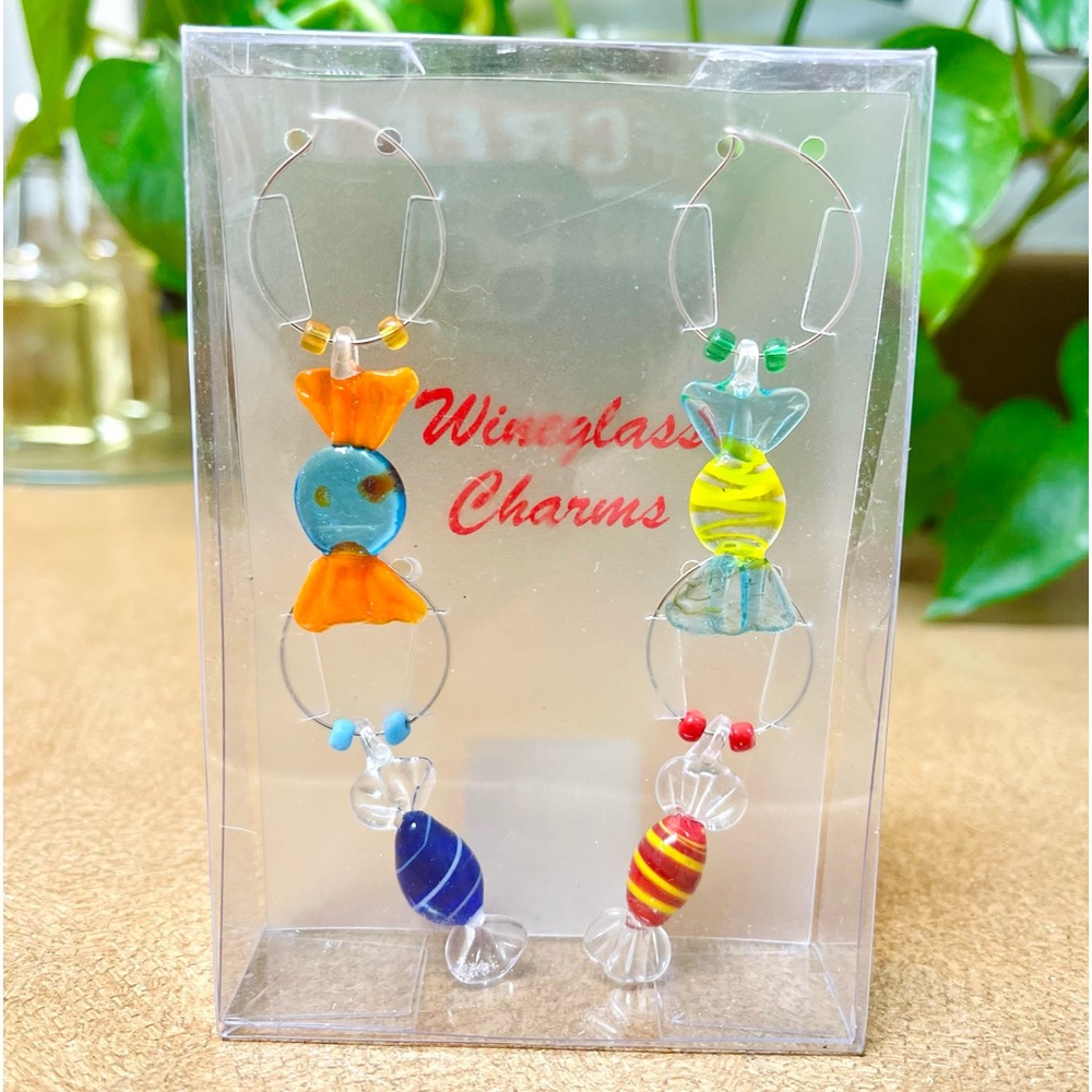 Wine Glass Charm Ice Bucket Bottle Glass Yellow Red Green Blue New in box